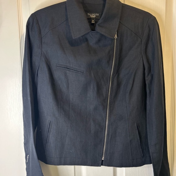 💙”Talbots” Women's Dark Navy 100% Linen Zip Front Jacket w/ Pockets Size 8P💙 - Picture 4 of 16